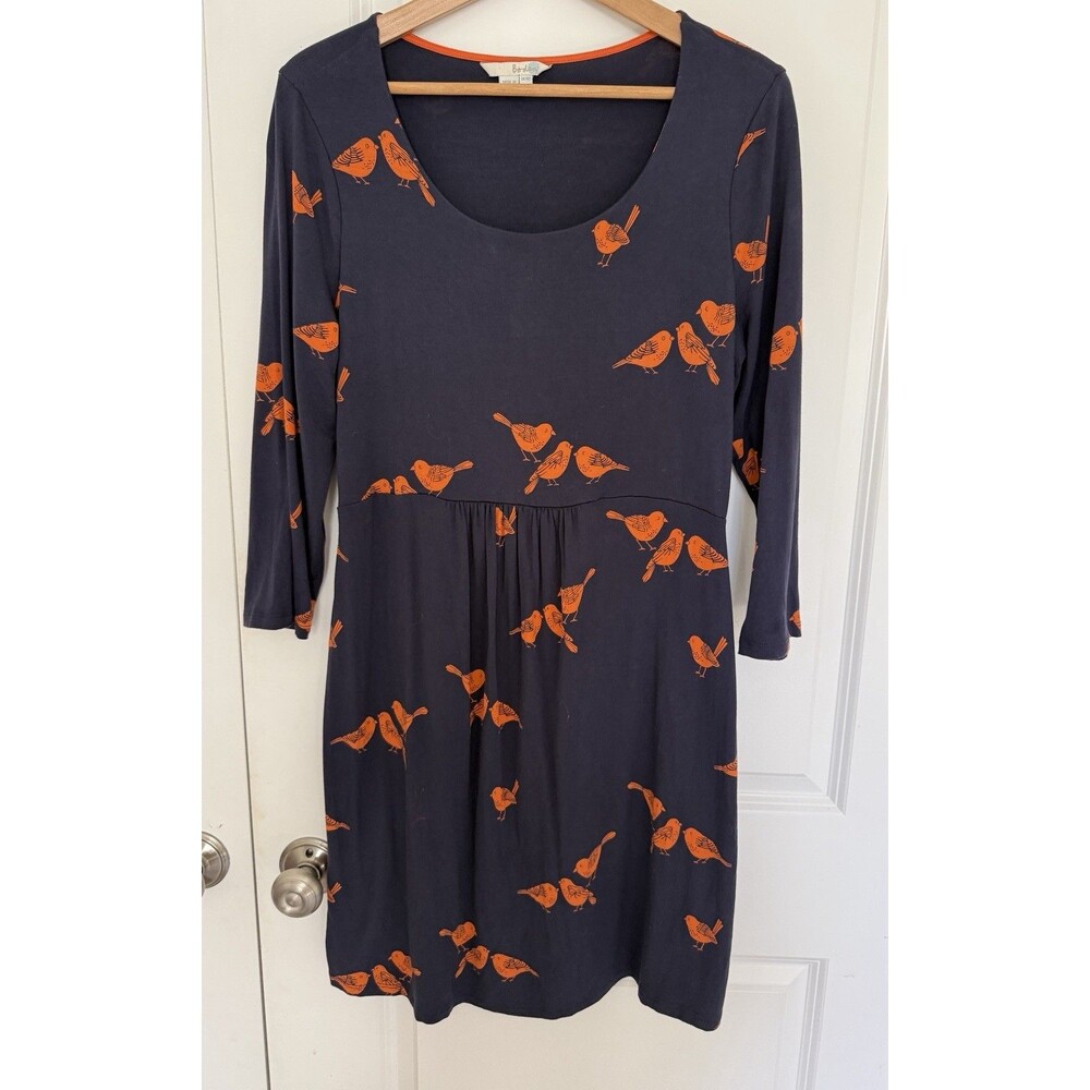 Boden Bird Print Jersey Dress US 14 Navy Red 3/4 Sleeve Viscose Midi